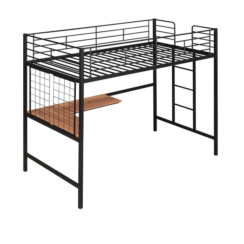 Twin Size Metal Loft Bed with Desk, Ladder and Metal Grid for Kids, Teens, Girls, Boys