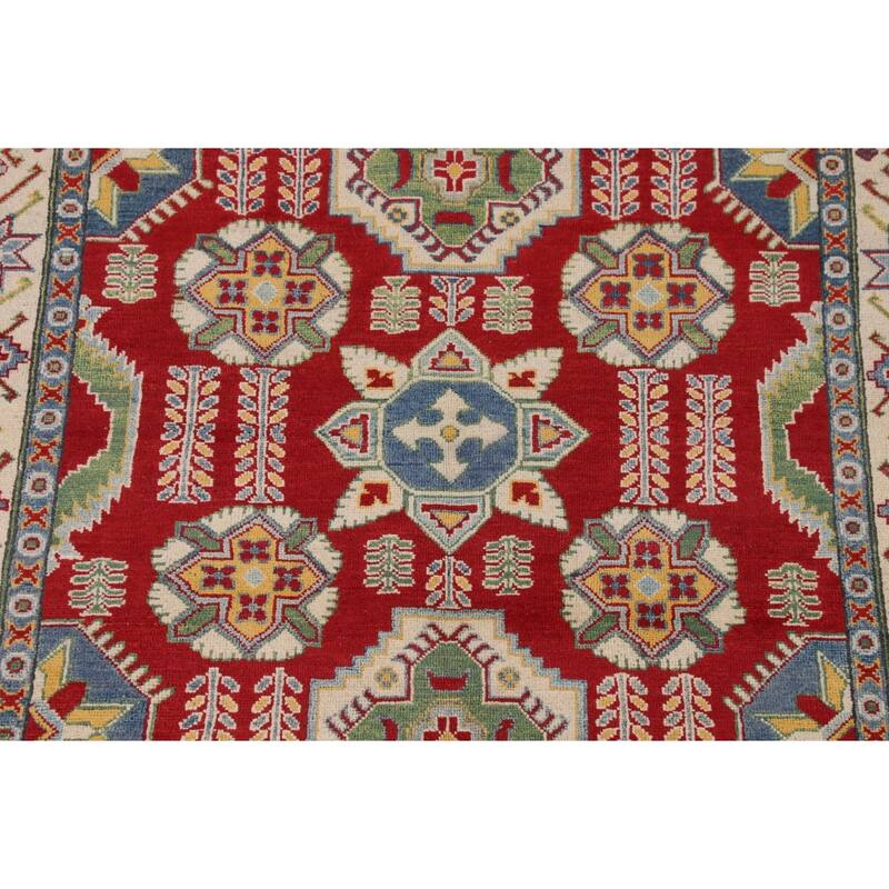 Red Geometric Kazak Rug Handmade Geometric Wool Carpet - 5'0" x 6'5"