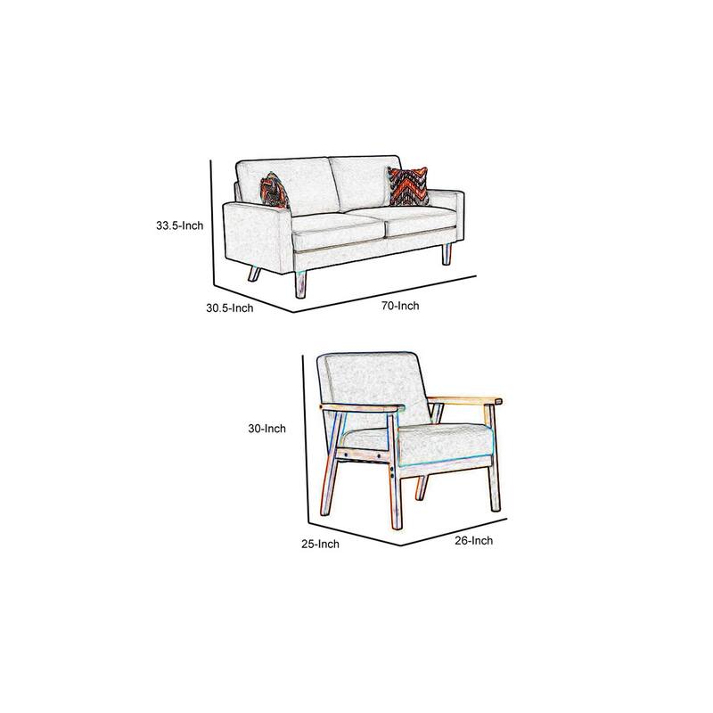 Gala 3 Piece Sofa and Chairs Set, Light Gray Fabric, 2 Pillows, Brown Wood
