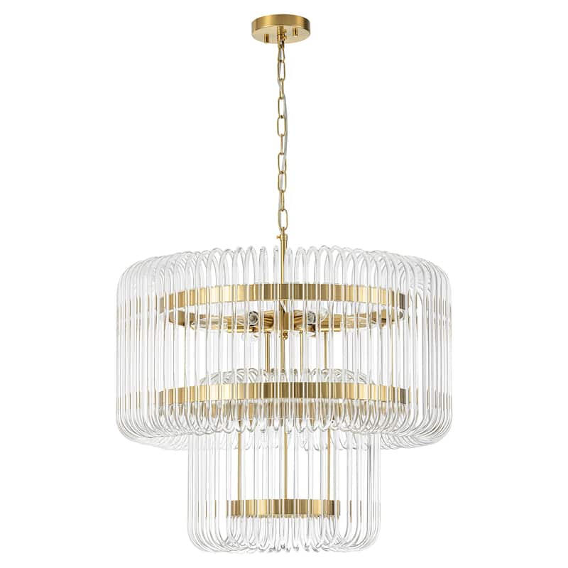 9-Light Modern Glam Drum Crystal Chandelier for Dining Room/Living Room 2-Tiered Round Chandelier Kitchen Island Pendant Light