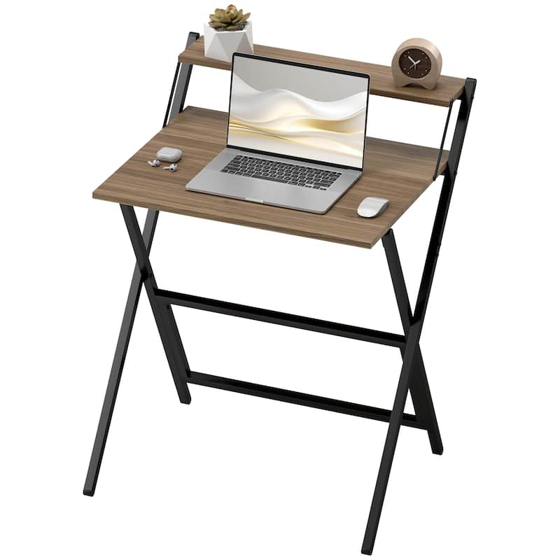 Folding Desk with Monitor Shelf Compact Space Saving Workstation Sturdy Steel Frame Easy Assembly - Brown