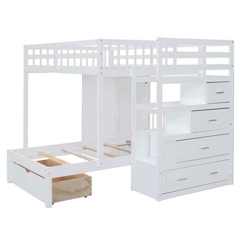 White Full Over Twin Bunk Bed with Wardrobe and Drawers, Space-Saving Design
