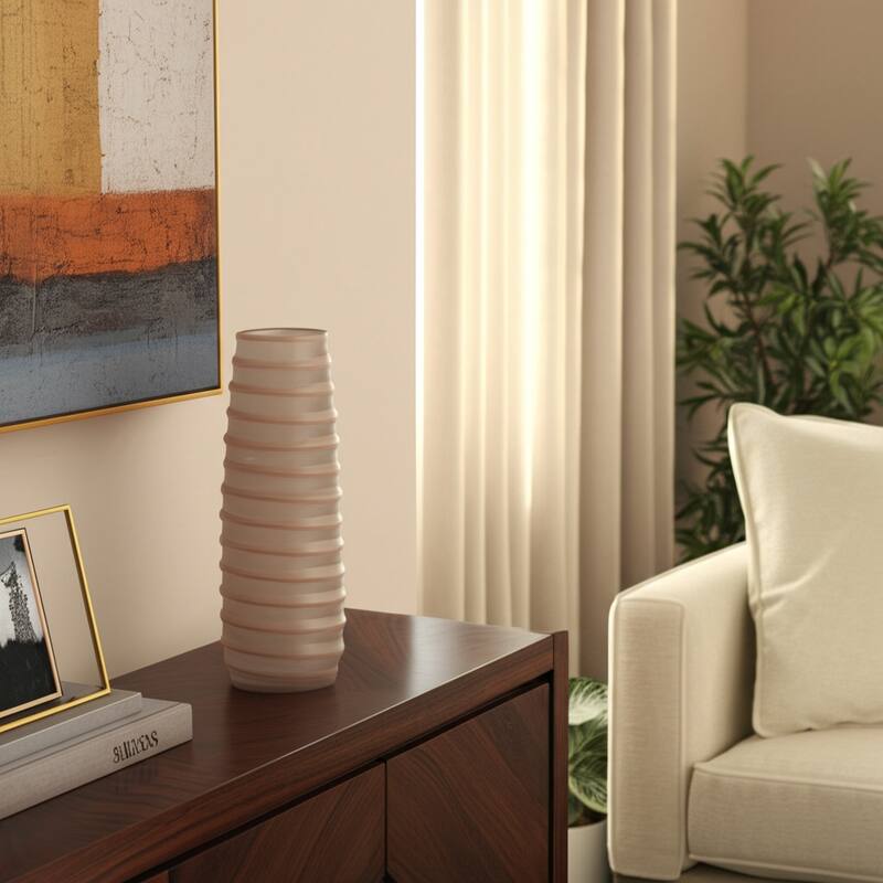 Glass Vase Carved Tall Ribbed Silhouette for Floral Arrangements - 5" x 5" x 15.25"