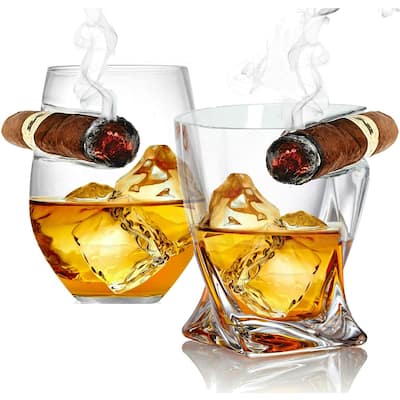 Double Old Fashioned Whiskey Glasses with Side Mounted Holder Rest (2pk Twist & Round) - set of 2