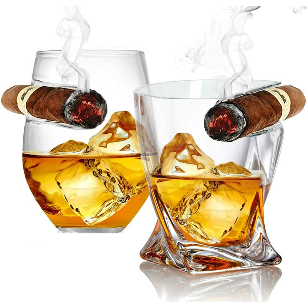 Double Old Fashioned Whiskey Glasses with Side Mounted Holder Rest (2pk Twist & Round) - set of 2