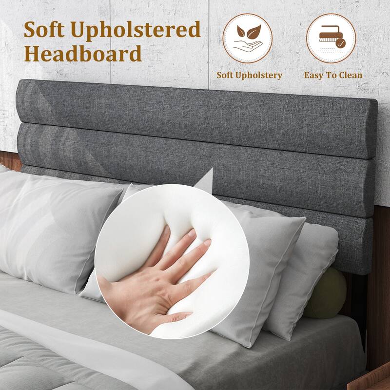 Bedroom Platform Bed Frame with Upholstered Headboard, 14" Underbed Storage, No Box Spring Required