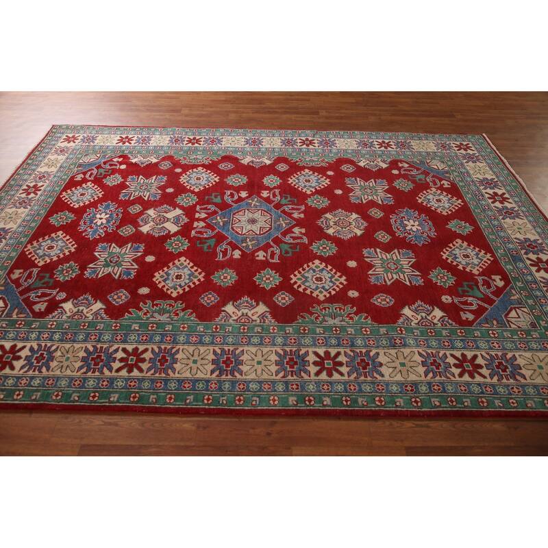 Red Geometric Kazak Oriental Area Rug Hand-Knotted Wool Carpet - 6'8" x 9'7"
