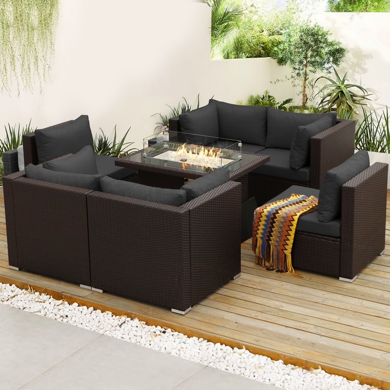 FINCATI Outdoor Wicker Patio Furniture Conversation Sectional Sofa Set - 7PCS-C - Dark Grey