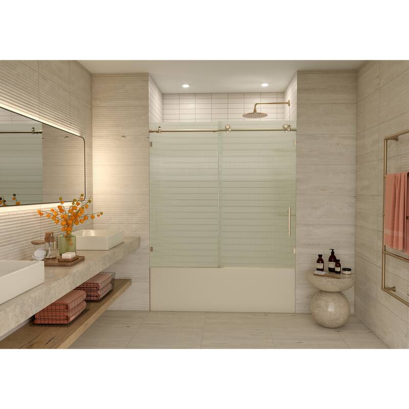 Galaxy 60 in. x 60 in. Fully Frameless Fluted Glass Sliding Bathtub Doors - Righthand