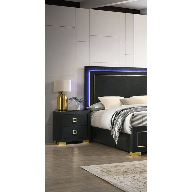 Queen Size Engineered Wood Platform Bed Set with LED Headboard and Gold Accent Legs - 3pc Contemporary Furniture