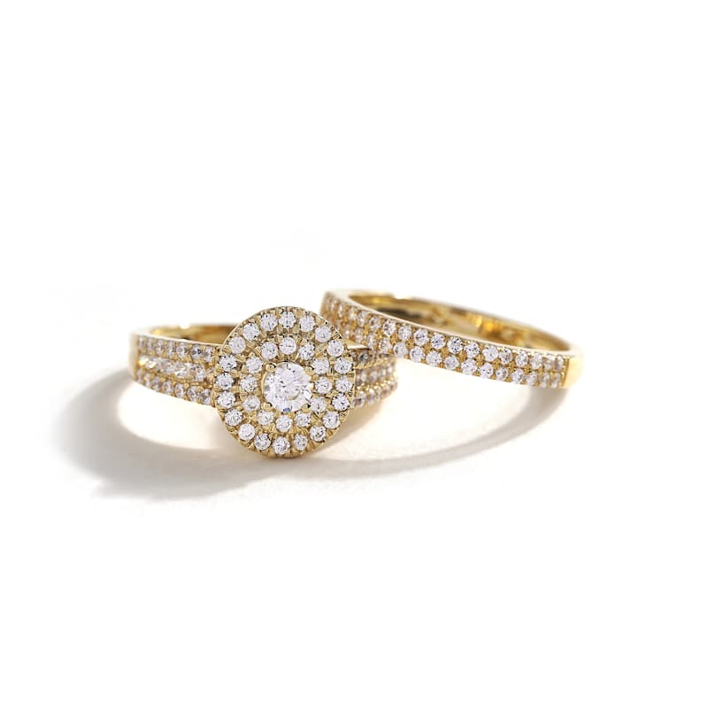 1ct TDW Diamond Double Halo Bridal Ring Set in 14k Yellow Gold for Women