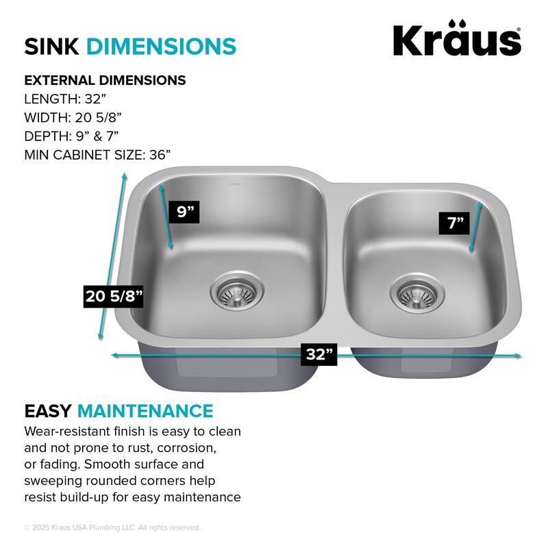 Kraus 32" Double Basin 16 Gauge Stainless Steel Kitchen Sink for - Stainless Steel