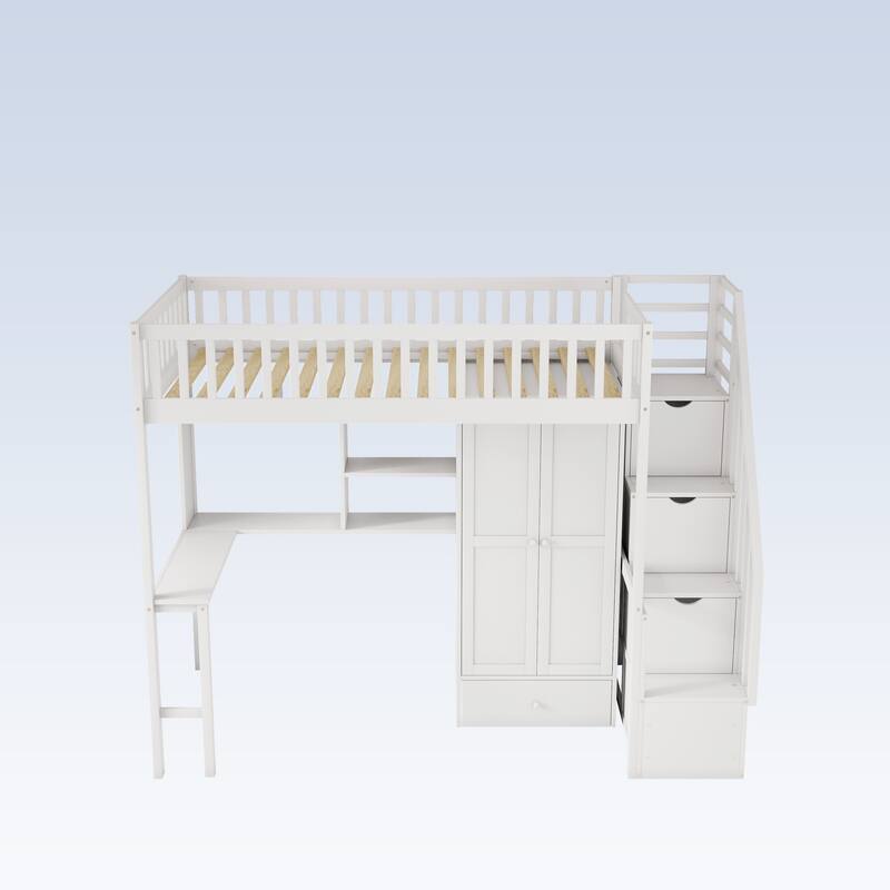 Modern Twin size Loft Bed with Bookshelf,Drawers,Desk,and Wardrobe
