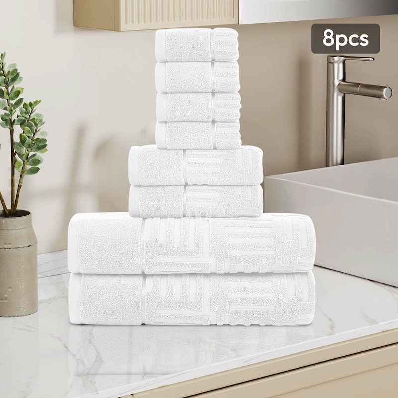 Luxury Jacquard 8 Piece Bath Towels Set - White