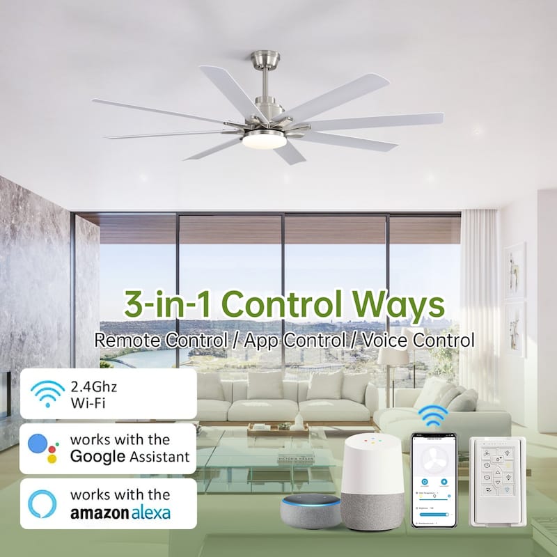 52''/66"/72'' Large Industrial Windmill Smart Ceiling Fan with Light, App and Remote Control, Dimmable LED
