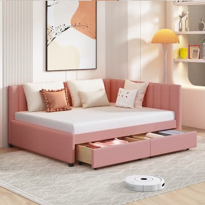 Pink Full Size Upholstered Daybed with Storage Drawers