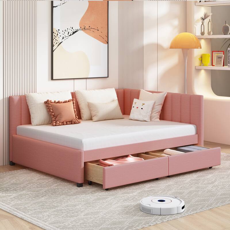 Pink Upholstered Platform Bed with Tufted Headboard and Strong Support - Pink