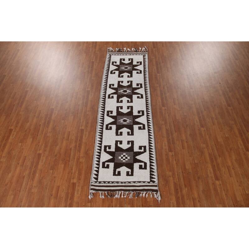 Natural Dye Tribal Beige Anatolian Runner Rug Hand-knotted Wool Carpet - 3'5"x 11'8"