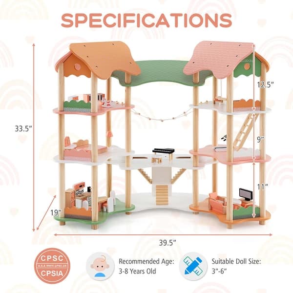 Hoenyjoy Kids Wooden Dollhouse Aged 3-8 Years Old with 32PCS Realistic - Pink+Green+Natural - See Details