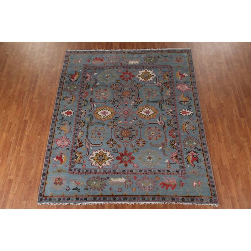Transitional Blue Oushak Oriental Area Rug Handmade Floral Wool Carpet - 8'1"x 9'6"