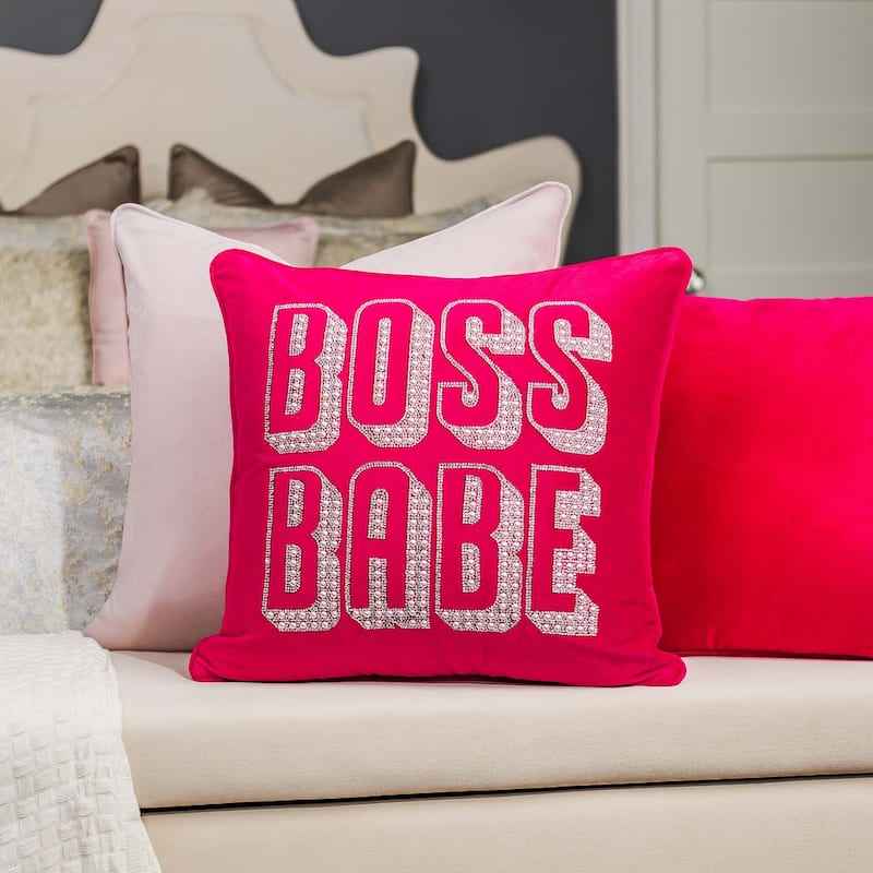 Boss Babe Pillow, Pearls and Rhinestones on Velvet, Feather Insert