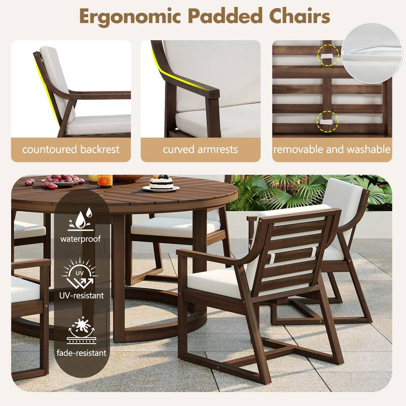 Round Patio Dining Table Set for 6 with Umbrella Hole Durable Acacia Wood Outdoor Furniture
