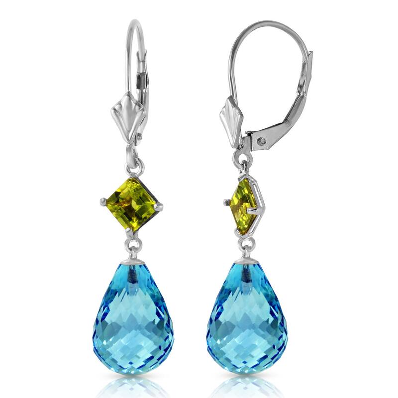 14K Solid Gold Leverback Earrings Peridot & Blue Topaz Gemstone - White