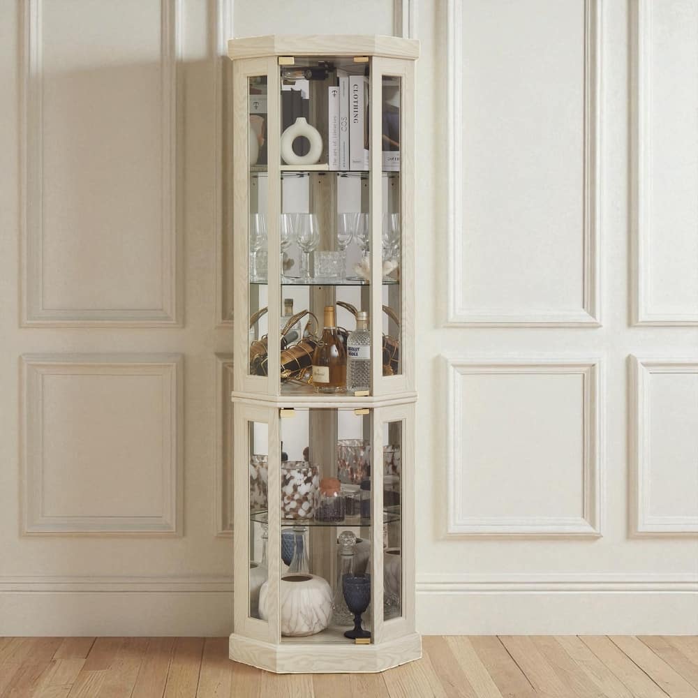 Lighted Corner Curio Cabinet with Glass Doors, Adjustable Shelves & Mirrored Back, Elegant Display Case for Collectibles