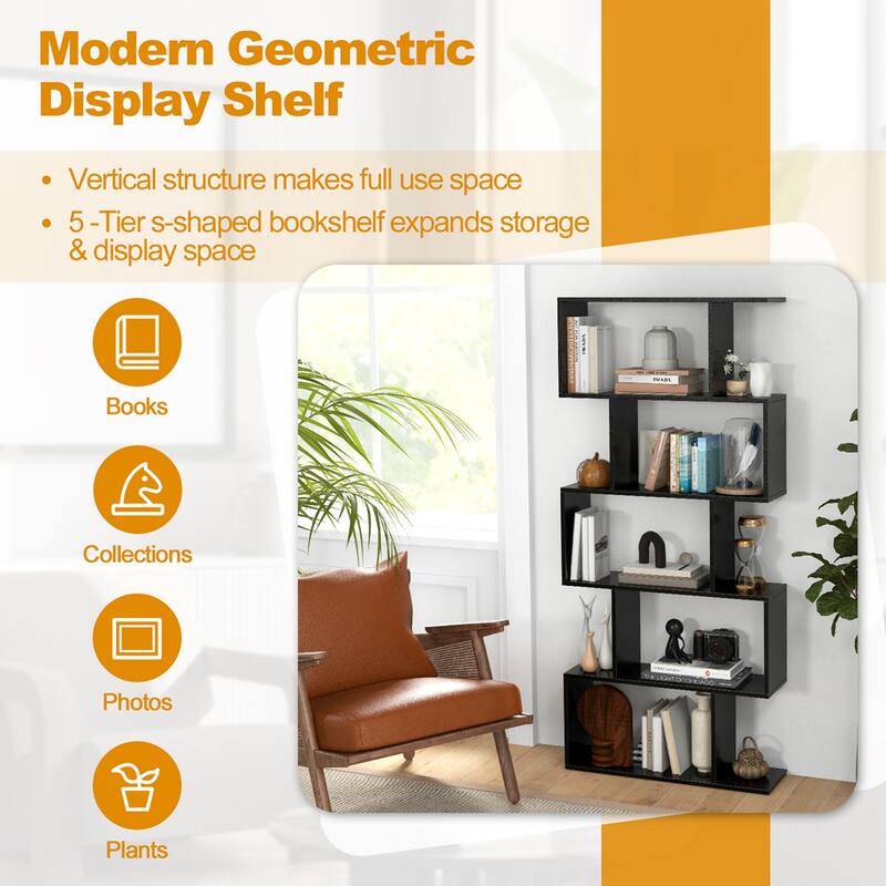 Costway 5-Tier Bookshelf Geometric S-Shaped Bookcase Room Divider