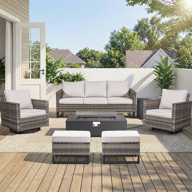 Pocassy 7-Piece Patio Sofa Swivel Chair Ottoman with Fire Table - Gray Wicker Beige Cushion - 7-Piece Sofa Swivel Chair Ottoman with Fire Table