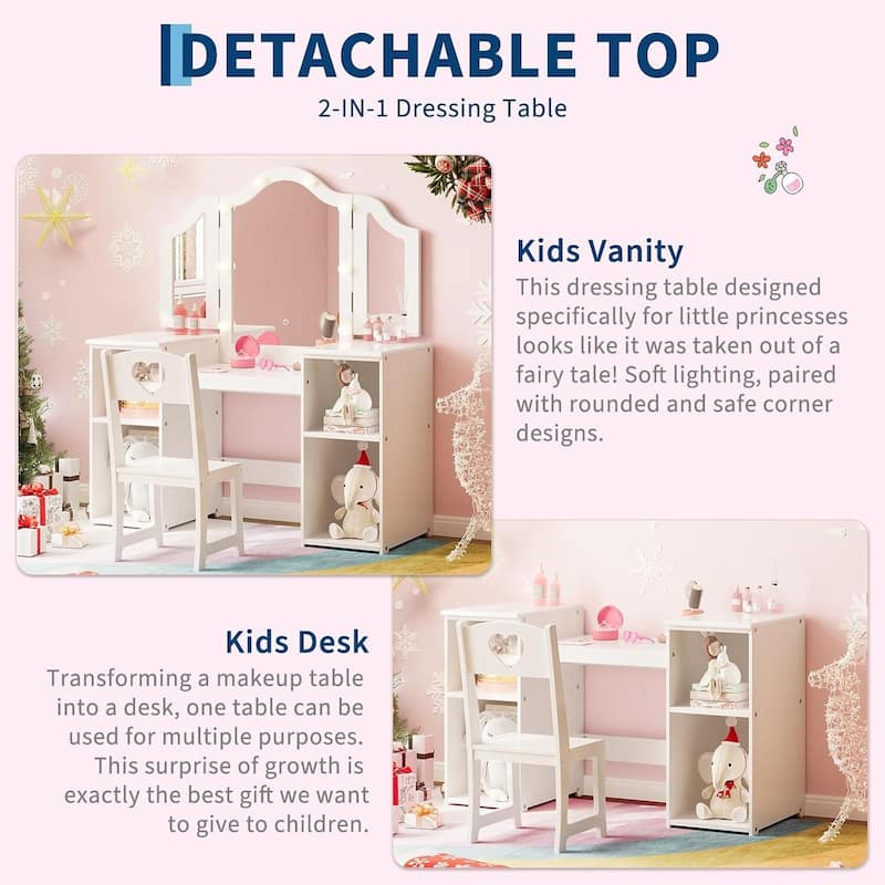 Kids Vanity Table, Princess Makeup Desk Set for Toddler