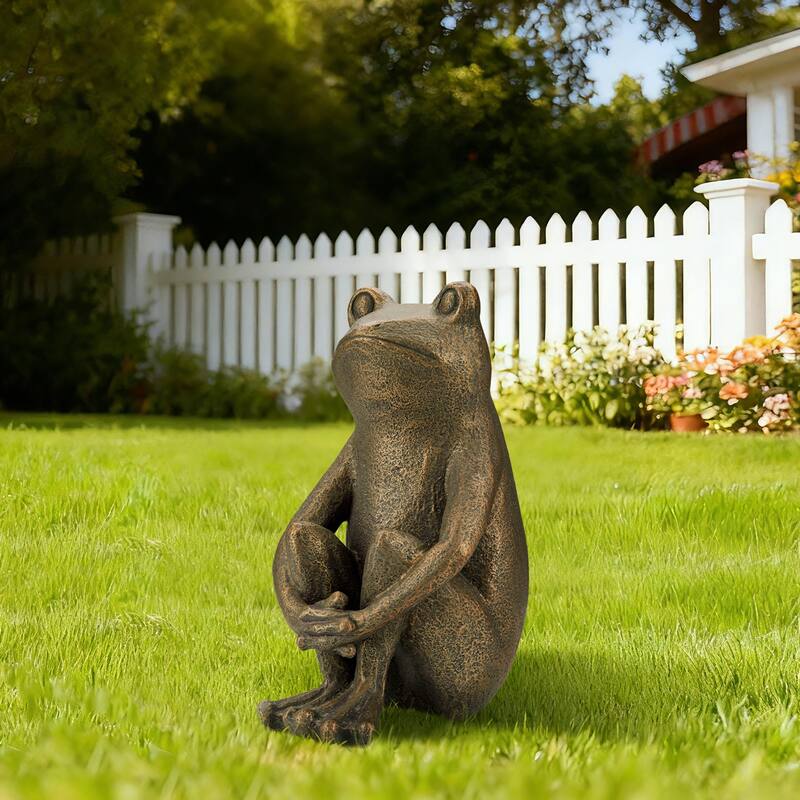 Glitzhome 12''H Resin Bronze Squatting Sitting Frog Statue