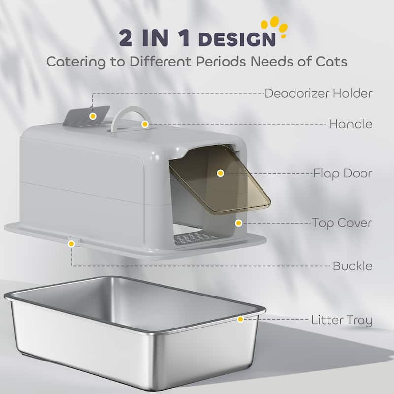 PawHut Stainless Steel Cat Litter Box, Extra Large 2 in 1 Kitty Litter Box with Removable Lid & Scoop, Filter Bags, White