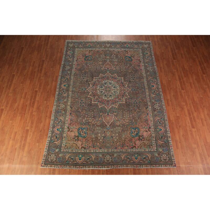 Brown Floral Tabriz Persian Rug Traditional Hand-Knotted Wool Carpet - 8'2"x 11'7"