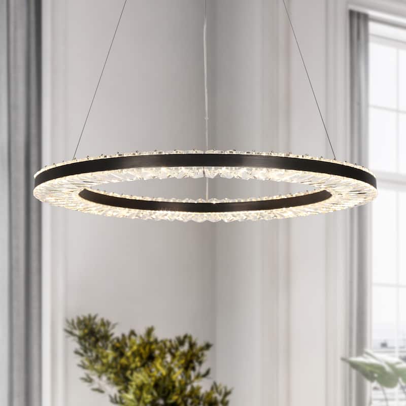 Modern 1-Light LED Black Crystal Chandelier for Dining Room - Dia. 23.6" x H 1.4"
