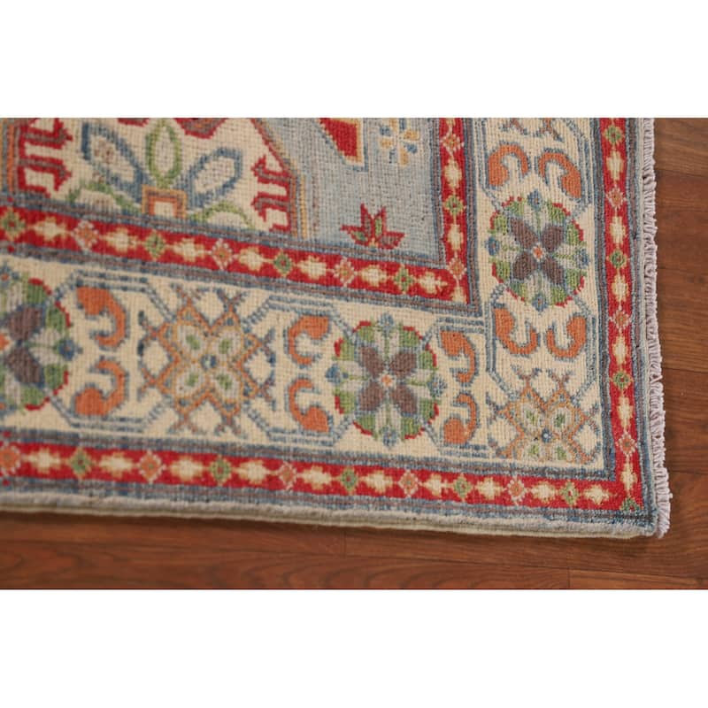 Geometric Grey Kazak Oriental Accent Rug Hand-Knotted Wool Carpet - 3'3"x 4'11"