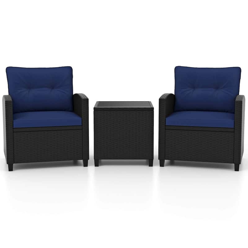 3 PCS Patio Furniture Set Rattan Conversation Set w/ Cushions & Table - Navy