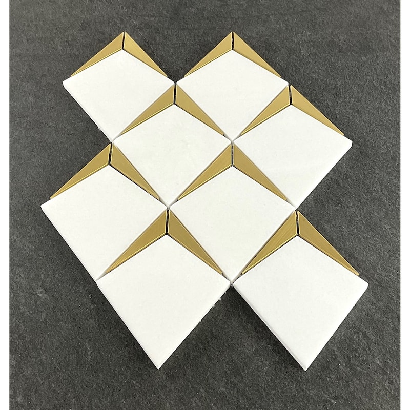 Thassos White Kite Shape With Gold Metal Mosaic Tile - Case (10 Sheets)