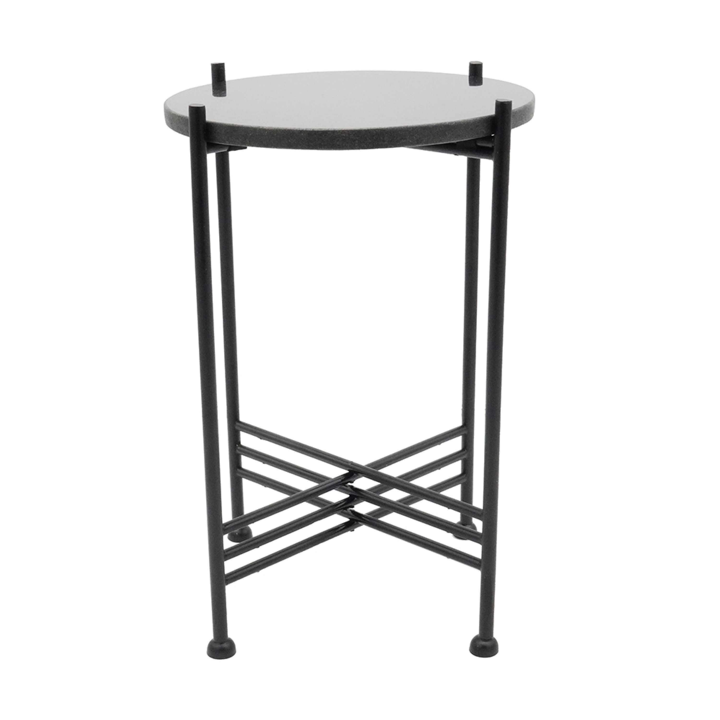 Azik Accent Table, 13 Inch Round Marble-Look Glass Top, Black Iron X Base