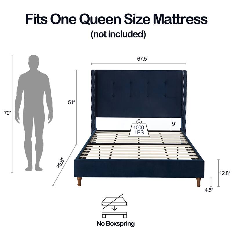 Queen Bed with 54 Inch High Headboard, Blue Velvet, Hand-Tufted, Nailhead Trim, Walnut Wood Feet, Easy Assembly