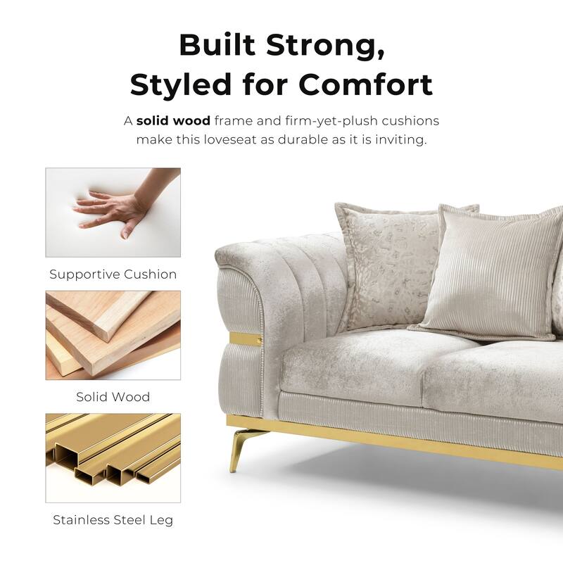 Furniture of America Sawer Glam Beige Upholstered Loveseat with Stainless Steel Frame