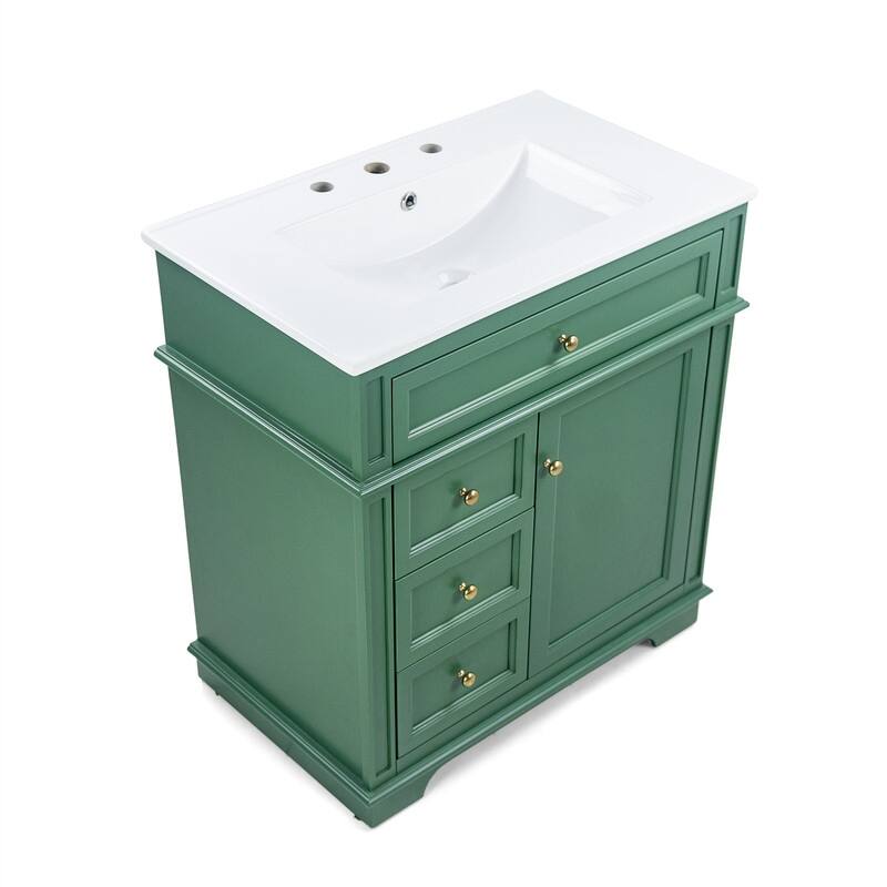 30" Bathroom Vanity with Ceramic Sink, Bathroom Vanity Cabinet with 3 Drawers, 1 Tip-out Drawer, Door Shelf & Soft Closing Door