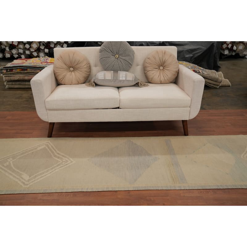 Hand Woven Oriental 100% Wool Carpet Southwestern Tribal Beige & Ivories Kilim Runner Rug - 10' 5'' X 2' 9''