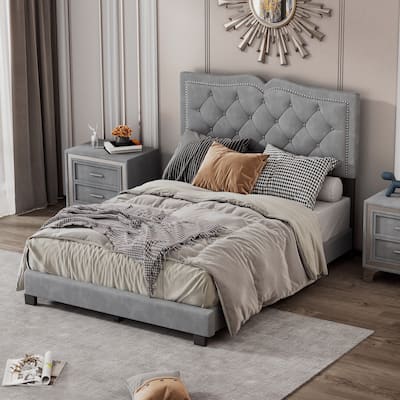 Tufted Velvet Upholstered Platform with Decorative Rivet Design