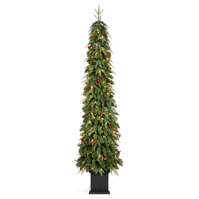 Glitzhome 4ft/6ft/7ft Pre-lit Green Artificial Christmas Porch Tree with Red Berries,Pinecones and 100 Warm White Lights