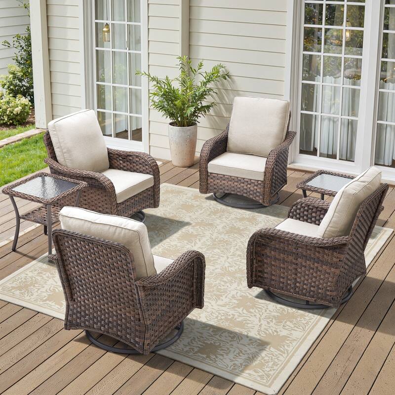 Cavira 6-Piece Brown Wicker Outdoor Patio Swivel Glider Chairs with Side Tables