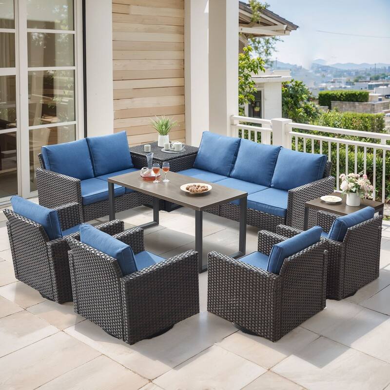 Gymojoy 9 Person Outdoor Courtyard Wicker Family Conversation Set Group With Swivel Chairs And Storage