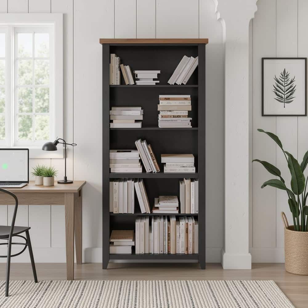 Bridgevine Home Modern Farmhouse 72 inch high 5-shelf Bookcase, No Assembly Required, Two-Tone Finish