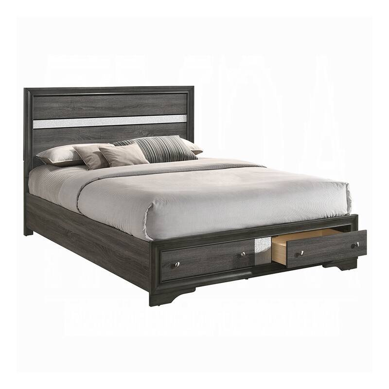 Platform Wooden Queen Size Bed with Silver Trim Accents and 2 Drawers, Gray