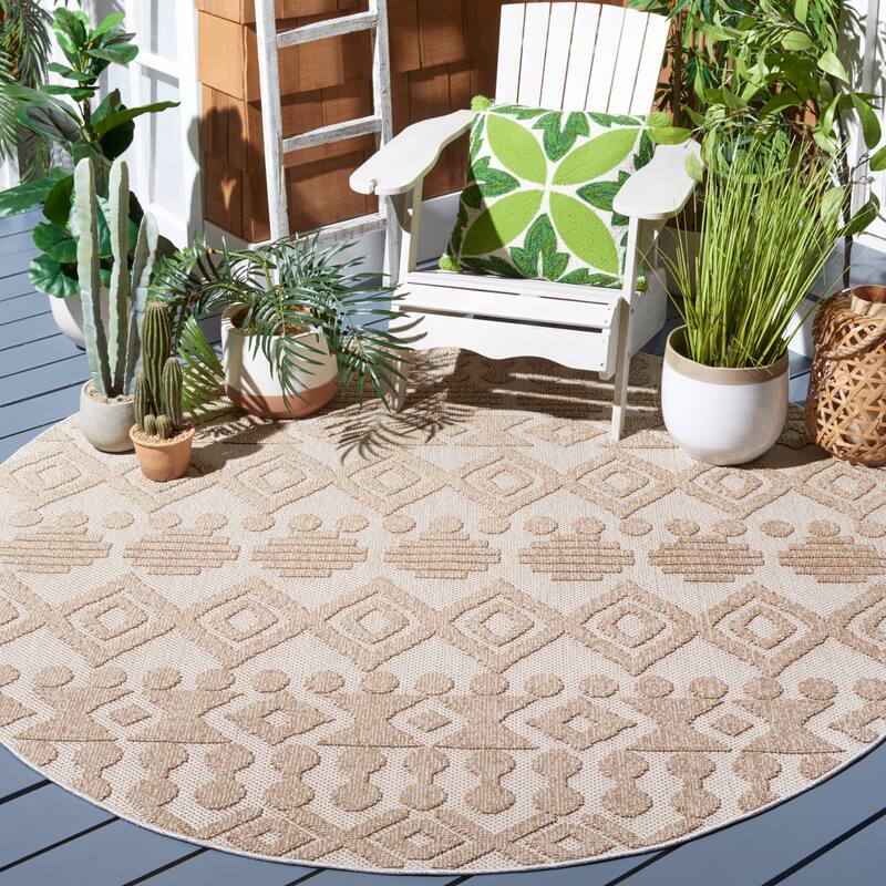 SAFAVIEH Global Sachiko Indoor/ Outdoor Moroccan Boho Rug - 6'7" Round - Beige/Brown